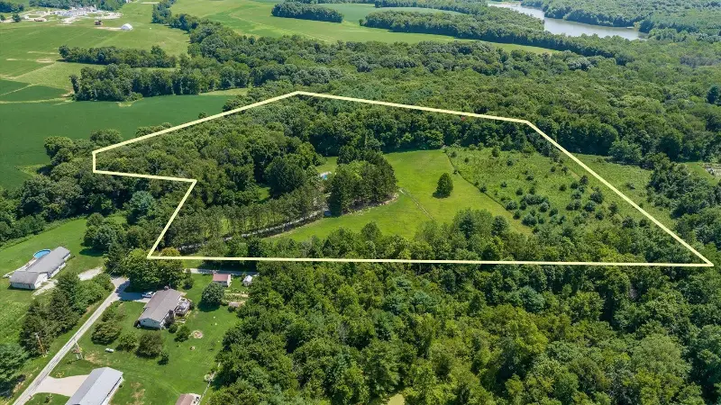 Aerial view of 2.7 wooded and open acres outlined on Township Road 143 NE, Somerset, Ohio